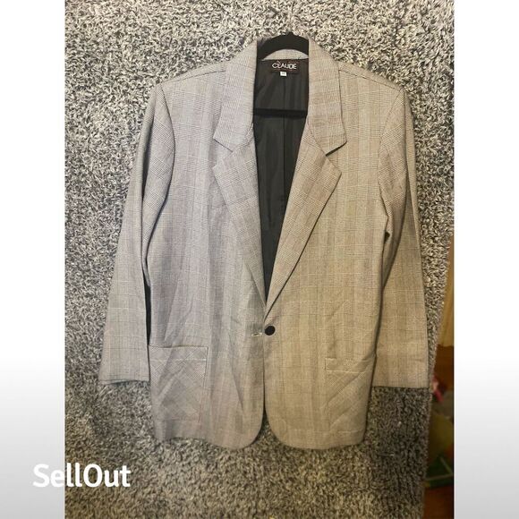 Vintage Women's Gray Check Blazer Size 14 Tailored Long Sleeve - Picture 1 of 4
